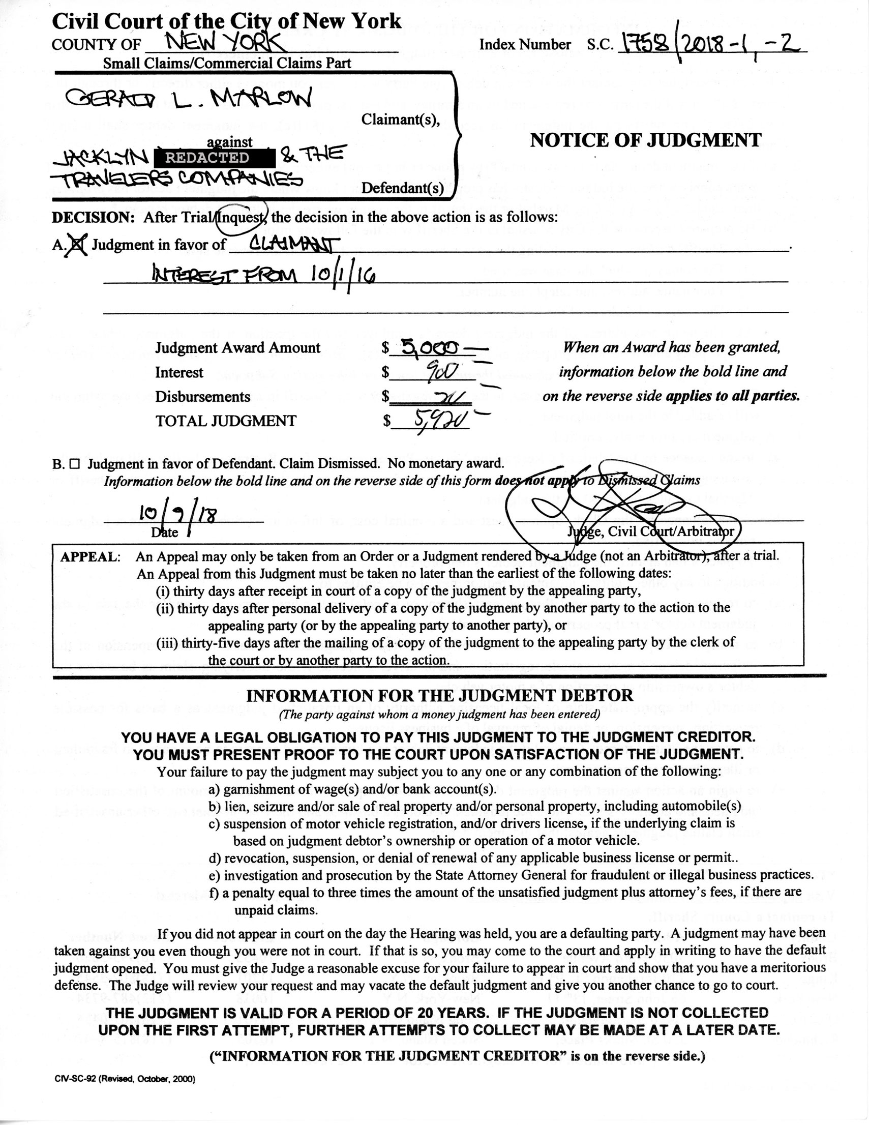 Marlow versus Travelers Judgement